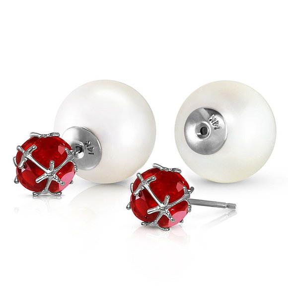 14K. SOLID GOLD TRIBAL DOUBLE SHELL PEARLS AND RUBIES STUD EARRINGS (White Gold) - Picture 2 of 6